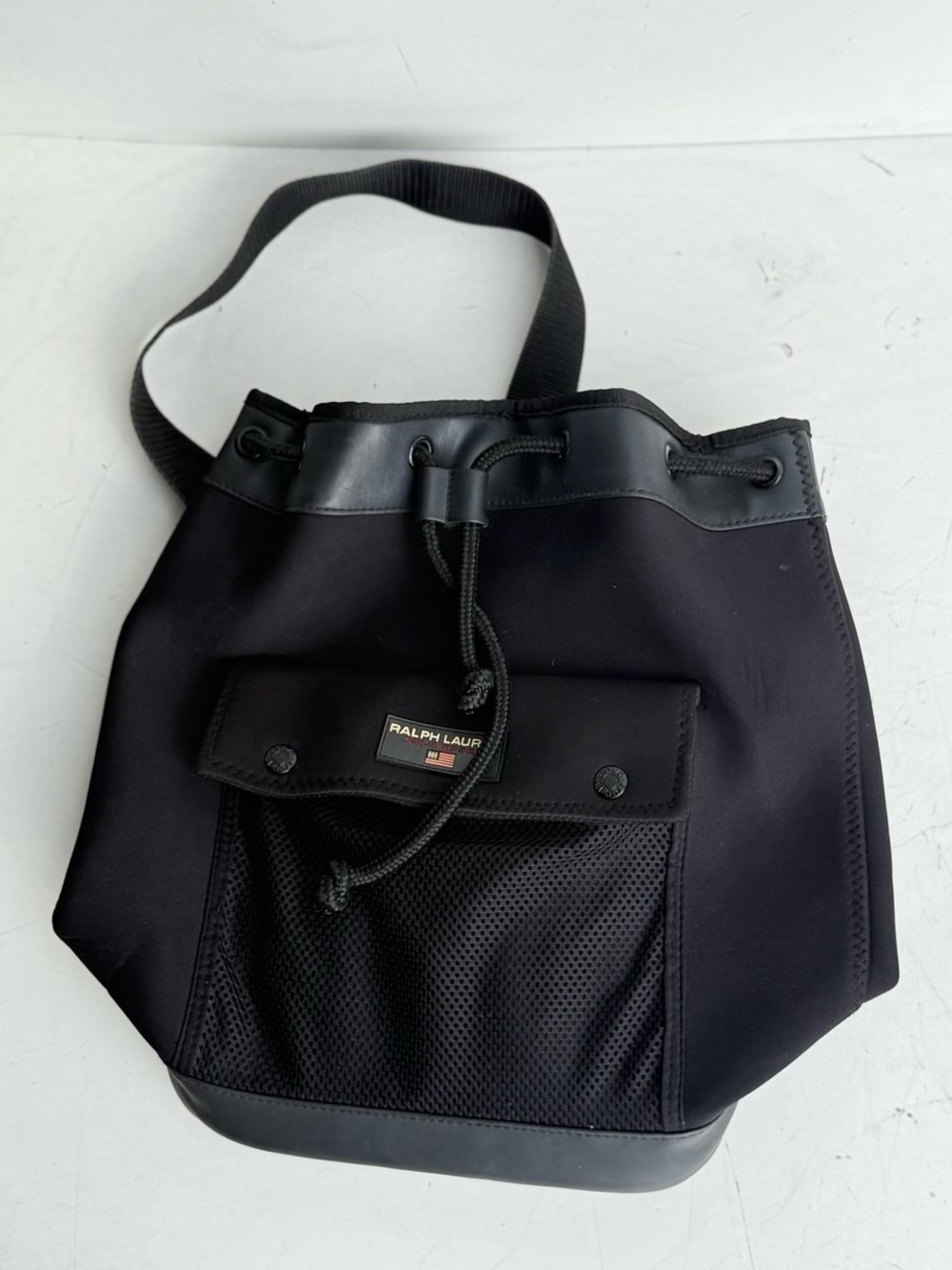 Ralph Lauren Black Drawstring Messenger Bucket Bag